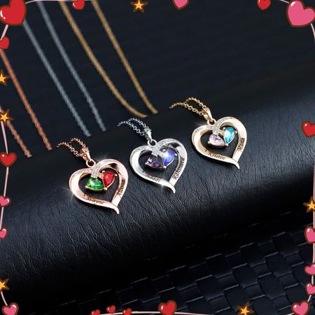 Personalized Heart Necklace with Birthstone – Customizable Names & Gemstones for a Special Bond